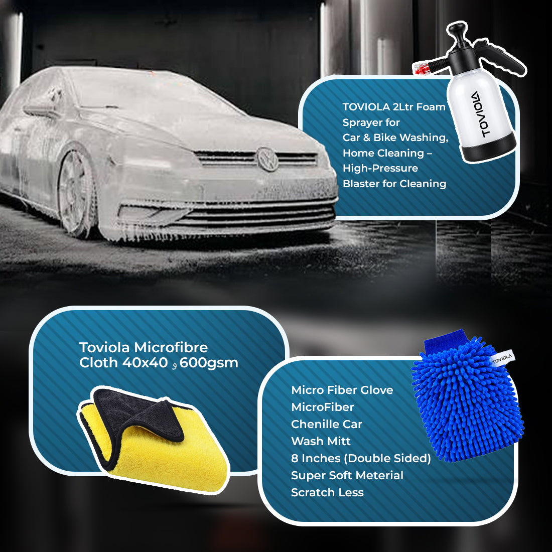 2L Foam Sprayer, 500ml Hyperslick Car Shampoo, Magic Stain Remover 300ml, Microfiber Cloth & Glove