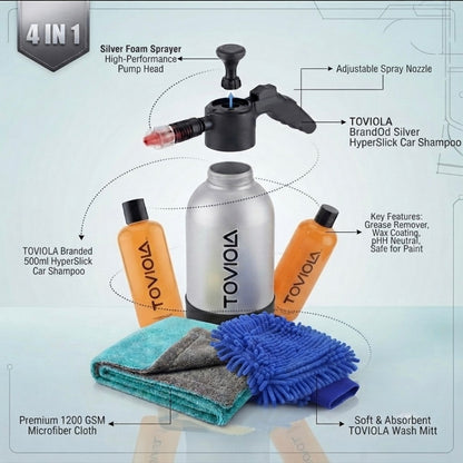 TOVIOLA Car Wash Kit 2L Pump Foam Sprayer + 500ml Car Shampoo+1200 GSM (40x60 cm) Microfiber Cloth + Glove