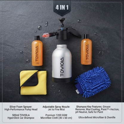TOVIOLA Car Wash Kit 2L Pump Foam Sprayer + 500ml Car Shampoo+1200 GSM (40x60 cm) Microfiber Cloth + Glove