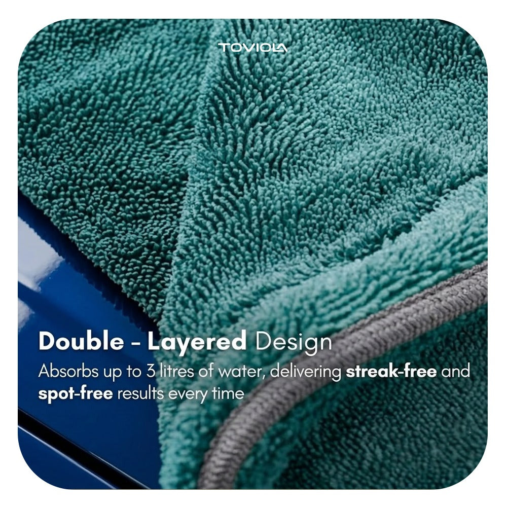 TOVIOLA Microfiber Cloth for Car 1600 GSM 40x60 cms 1 Pc Aqua Blue/Grey | Twisted Loop Super Absorbent Towel - Edgeless Design with Plush Pile and Lint Free Cloth for Drying and Detailing.