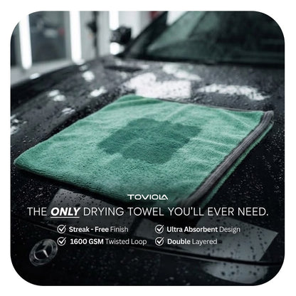 TOVIOLA Microfiber Cloth for Car 1600 GSM 40x60 cms 1 Pc Aqua Blue/Grey | Twisted Loop Super Absorbent Towel - Edgeless Design with Plush Pile and Lint Free Cloth for Drying and Detailing.