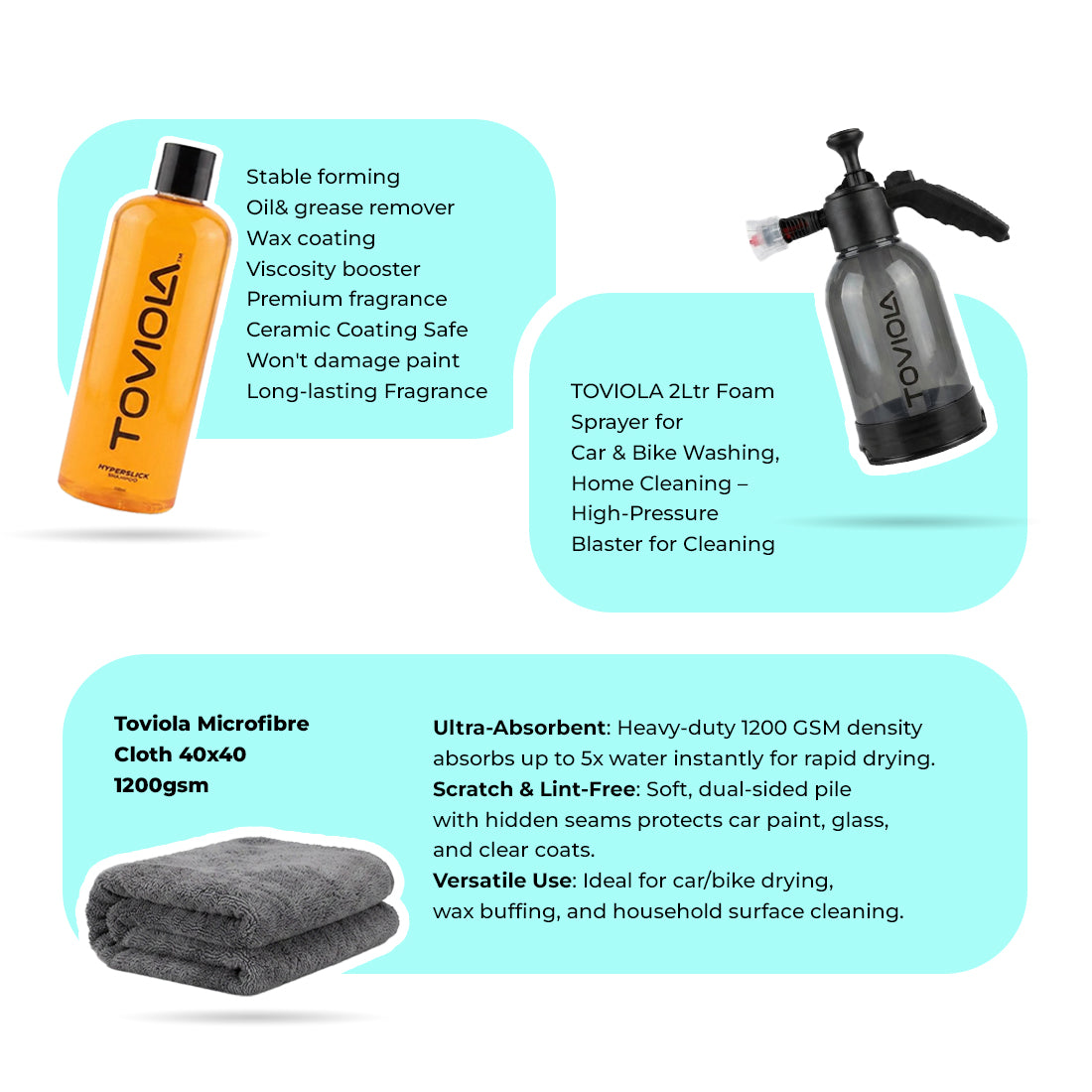 TOVIOLA Complete Foam Wash & Shine Combo – 2L Foam Sprayer+Car Shampoo+40x40 1200 GSM Drying Cloth