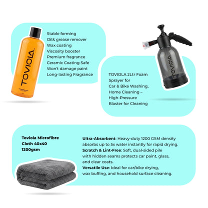 TOVIOLA Complete Foam Wash & Shine Combo – 2L Foam Sprayer+Car Shampoo+40x40 1200 GSM Drying Cloth