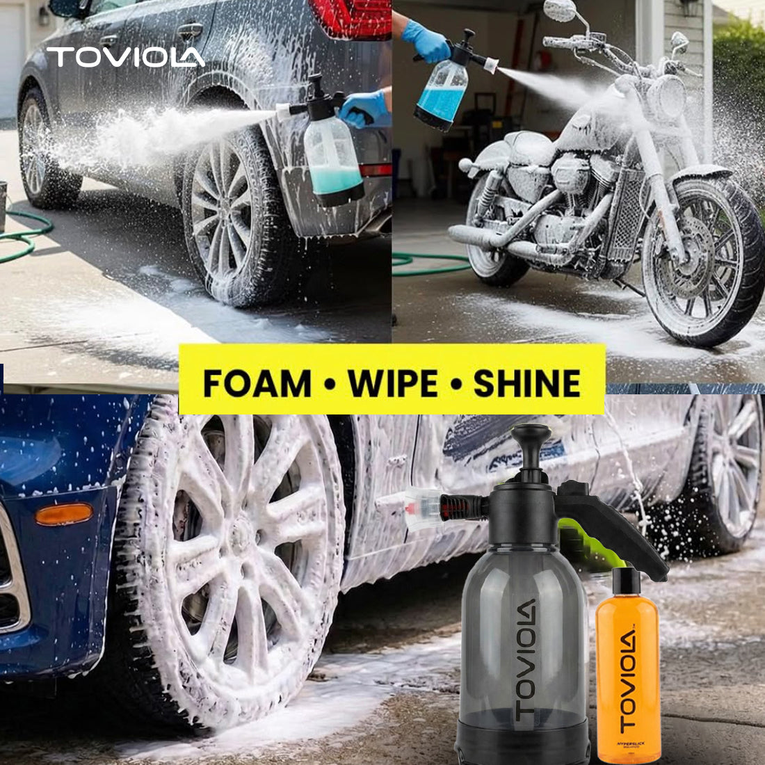 TOVIOLA Complete Foam Wash & Shine Combo – 2L Foam Sprayer+Car Shampoo+40x40 1200 GSM Drying Cloth